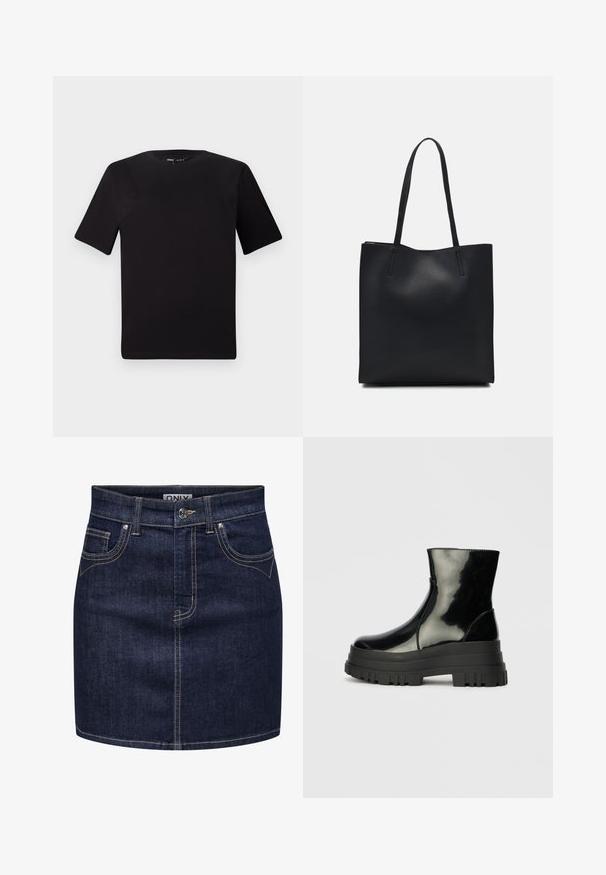 Crna majica kratkih rukava s okruglim izrezom, izrađena od mekane pamučne tkanine. Jednostavan dizajn, bez vidljivih logotipa ili uzoraka.; Traper suknja u tamnoplavoj boji s kontrastnim šavovima, pet petlji za pojas, dva prednja džepa i srebrni gumb za zakopčavanje.; Crna sjajna čizma do ankleta s debelim zupčastim potplatom i zaobljenim vrhom, bočni pogled na jednostavnoj svijetlosivoj pozadini.; Crna kožna torba za nošenje s glatkom teksturom, pravokutnim oblikom i dvije duge ručke. Nema vidljivih metalnih dijelova ili ukrasa.