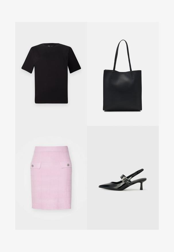 T-shirt nera a maniche corte con scollatura rotonda, realizzata in morbido cotone. Design semplice, senza loghi o motivi visibili.; Gonna di lunghezza al ginocchio di un rosa chiaro, con texture e motivo a griglia, dotata di due tasche frontali e bottoni decorativi su ciascuna tasca.; Décolleté neri in vernice con punta affilata e tacco a blocco piccolo, dotati di un accentuato con fibbia argentata sulla cinturino.; Borsa tote in pelle nera con texture liscia, forma rettangolare e due manici lunghi. Nessun hardware o decorazione visibile.