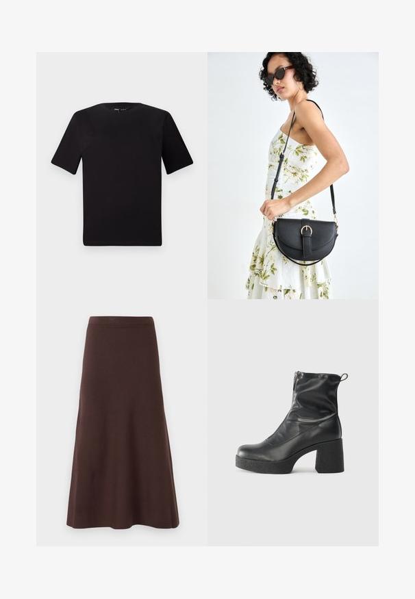 Melnas īsām piedurknēm T-krekls ar apaļu kakla izgriezumu, izgatavots no mīksta kokvilnas auduma. Vienkāršs dizains, bez redzamām logo vai rakstiem.; Brūna A formas svārki, izgatavoti no gludas auduma, ar pieguļošu jostu un platu malu, bez redzamām rakstu vai rotājumu detaļām.; Melni potītes zābaki, kas izgatavoti no gludas ādas, ar sānu rāvējslēdzēju, masīvu strukturētu papēdi un noapaļotu purngalu.; Melnas ādas rokassoma ar izliekta formu, noņemamu siksnu un zelta aksesuāriem. Somai ir vāciņš ar sprādzes detaļu.