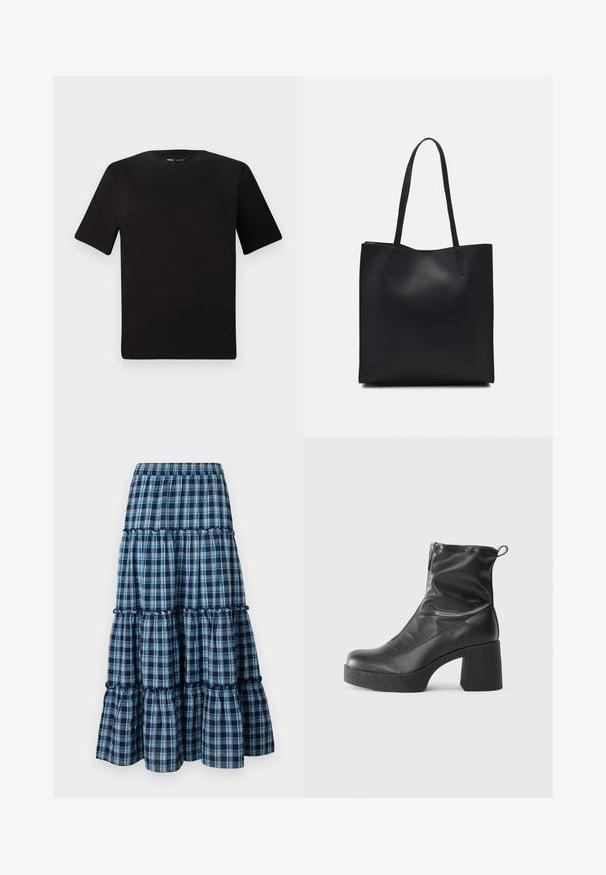 Juodas trumpas rankovės marškinėlis su apvaliu iškirpimu, pagamintas iš minkštos medvilnės medžiagos. Paprastas dizainas, be matomų logotipų ar raštų.; Mėlyna ir balta languota sluoksniuota sijonė su elastinga juosta, turinti raukiniais dekoruotas sluoksnius ir laisvinančią siluetą. Minkšta medvilninė medžiaga.; Juodos kulkšninių botai, pagaminti iš lygaus odos, su šoniniu užtrauktuku, masyviu tekstūruotu kulnu ir apvaliu pirštu.; Juodas odinis tote krepšys su lygia tekstūra, stačiakampio formos ir dviem ilgais rankenomis. Matomų metalinių detalių ar puošybos nėra.