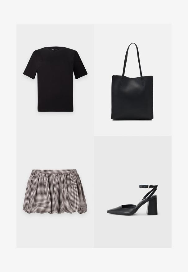 T-shirt preta de mangas curtas com decote redondo, feita de tecido de algodão suave. Design simples, sem logótipos ou padrões visíveis.; Saia em A, com padrão xadrez castanho e branco, com cintura franzida, feita de um tecido leve e apresentando um padrão texturizado subtil.; Sandal com biqueira afilada em couro preto, com cinta no tornozelo e salto grosso. Textura lisa, design elegante e estética minimalista.; Bolsa tote preta em couro com textura lisa, forma retangular e duas alças longas. Sem hardware ou enfeites visíveis.