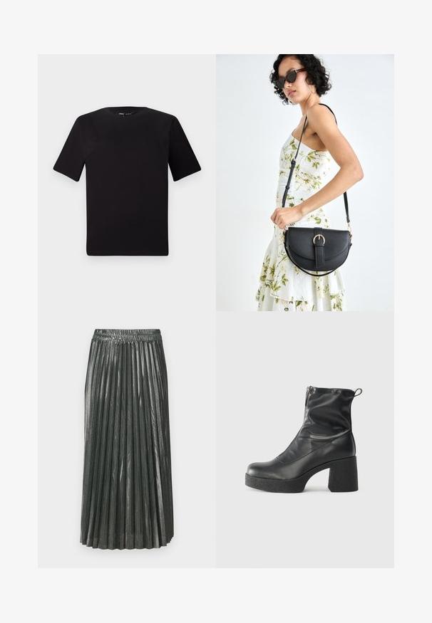 Black short-sleeve t-shirt with a round neckline, crafted from soft cotton fabric. Simple design, no visible logos or patterns.; Metallic green pleated skirt with an elastic waistband. Features narrow, vertical pleats and a mid-length design, creating a structured silhouette.; Black ankle boots made of smooth leather, featuring a side zipper, chunky textured heel, and rounded toe design.; Black leather handbag with a curved shape, detachable strap, and gold hardware. The bag features a flap with a buckle detail.