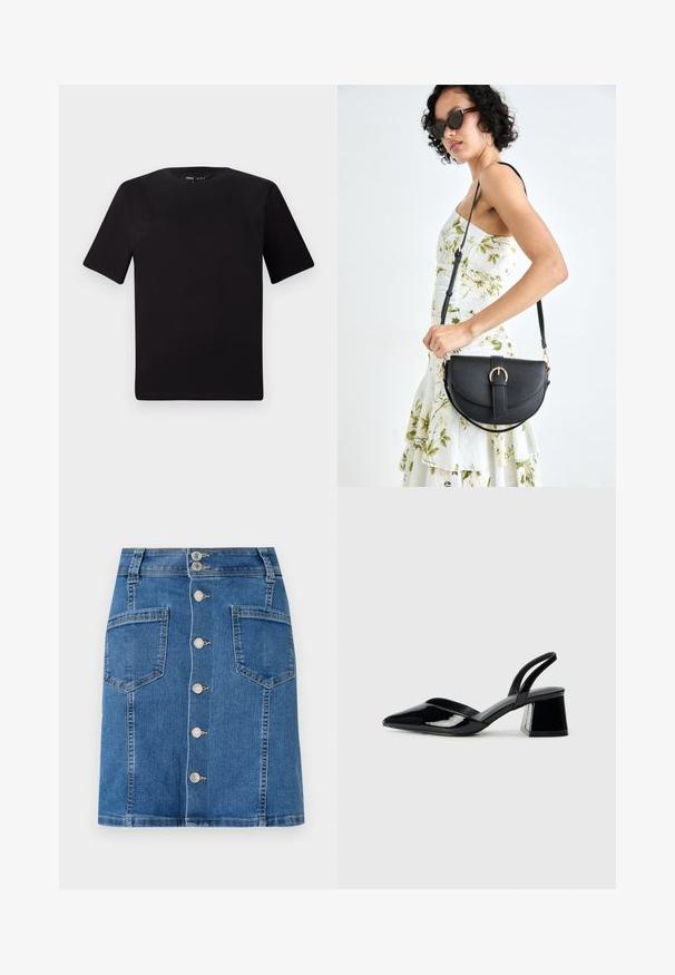 Fekete, rövid ujjú póló, kerek nyakkal, puha pamutból készült. Egyszerű dizájn, nincs látható logó vagy minta.; Farmereggyünnö elöl gombos, A-vonalú, fitted derékkal. Két nagy zsebvel rendelkezik, közepes kék mosással és finom kopással.; Fekete lakk bőr szandálkés magas sarkú cipő, hegyes orral és geometrikus tömbsarkakkal. Karcsú, minimalista dizájn és sima textúra jellemzi.; Fekete bőrtáska ívelt formával, levehető pánttal és arany színű fémrészekkel. A táskán egy csattal díszített fedél található.