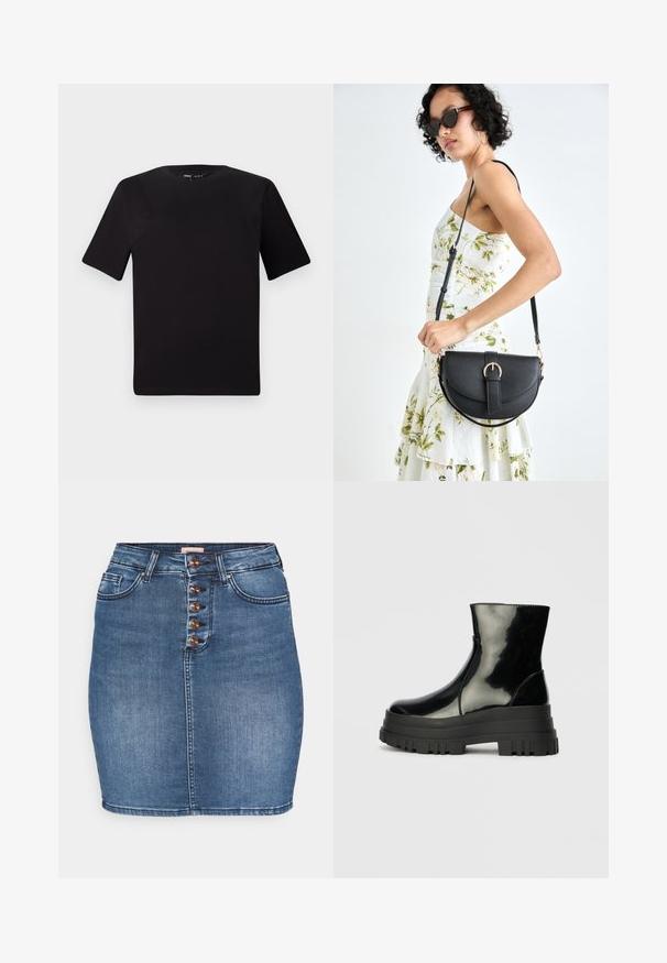 Crna majica kratkih rukava s okruglim izrezom, izrađena od mekane pamučne tkanine. Jednostavan dizajn, bez vidljivih logotipa ili uzoraka.; Traper suknja u srednje plavoj boji s prilagođenim krojem. Ima prednje zatvaranje s pet dugmadi, dva prednja džepa i pojačan rub.; Crna sjajna čizma do ankleta s debelim zupčastim potplatom i zaobljenim vrhom, bočni pogled na jednostavnoj svijetlosivoj pozadini.; Crna kožna torba s lukovitim oblikom, odvojivim remenom i zlatnim detaljima. Torba ima preklop s kopčom.