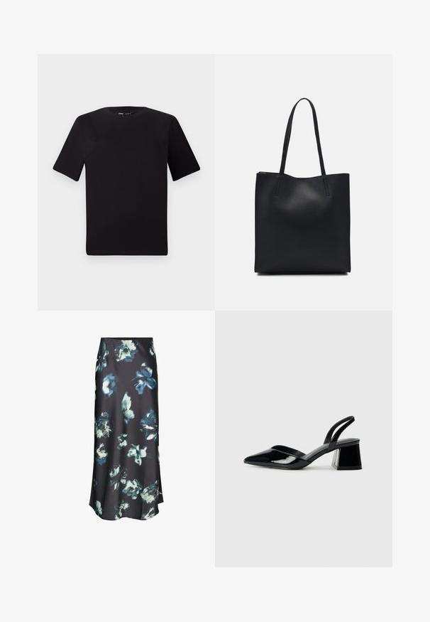 Camiseta negra de manga corta con cuello redondo, fabricada en suave algodón. Diseño simple, sin logos ni patrones visibles.; Falda midi oscura con patrones florales abstractos en azul y blanco, tela suave y ligera campana en el dobladillo.; Zapatos de tacón slingback de charol negro con punta afilada y tacón geométrico en bloque. Presentan un diseño elegante y minimalista, así como una textura suave.; Bolso tote de cuero negro con textura lisa, forma rectangular y dos asas largas. Sin herrajes ni adornos visibles.