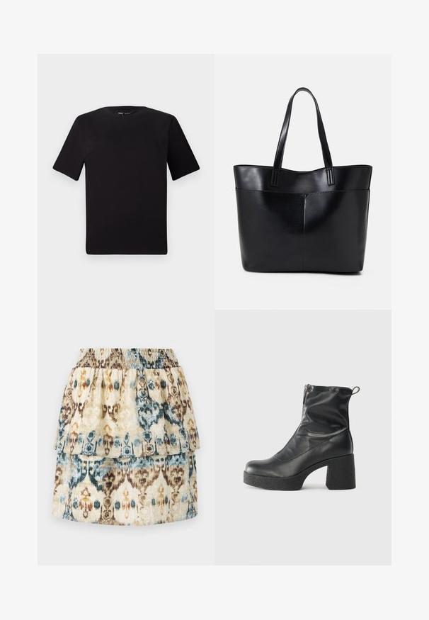 Svart kortärmad t-shirt med rund halsringning, tillverkad i mjukt bomullstyg. Enkelt mönster, utan synliga logotyper eller mönster.; Lagret kjol i beige med ett ikat-mönster i nyanser av blått och brunt. Har en smockad midja och en volangkant för extra textur.; Svarta ankelstövlar i slitstark läder, med sidodragkedja, kraftig strukturerad klack och rundad tådesign.; Svart läder tote-väska med två långa handtag, en slät yta och en strukturerad form. Har en framficka för extra förvaring.