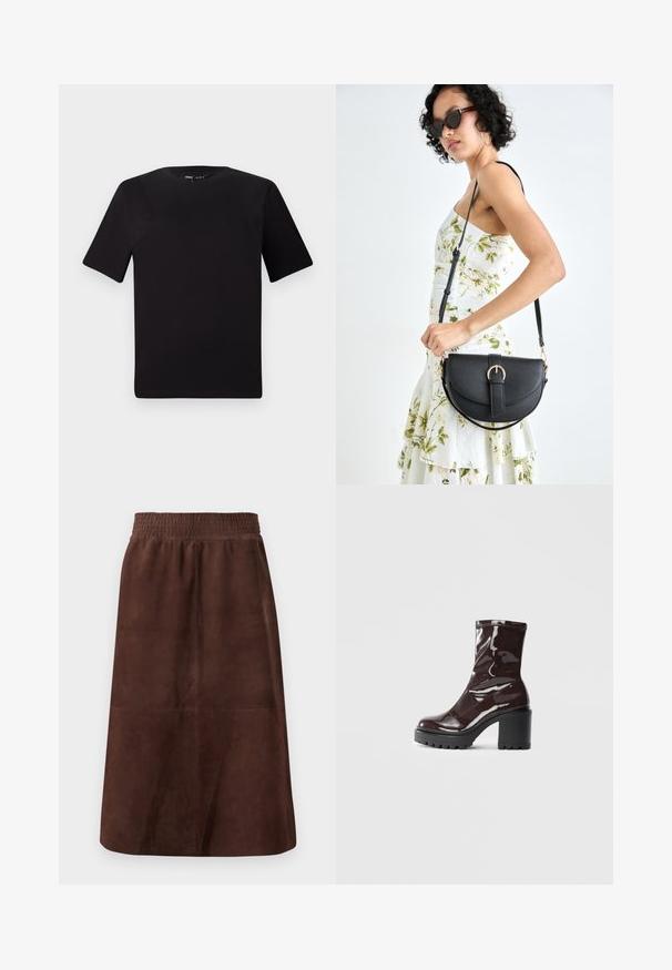 Black short-sleeve t-shirt with a round neckline, crafted from soft cotton fabric. Simple design, no visible logos or patterns.; Brown suede skirt with an elastic waistband, A-line shape, smooth texture, and no visible patterns or hardware.; Glossy burgundy ankle boot with a chunky black heel, featuring a smooth texture and simple design. No visible fastenings or patterns.; Black leather handbag with a curved shape, detachable strap, and gold hardware. The bag features a flap with a buckle detail.