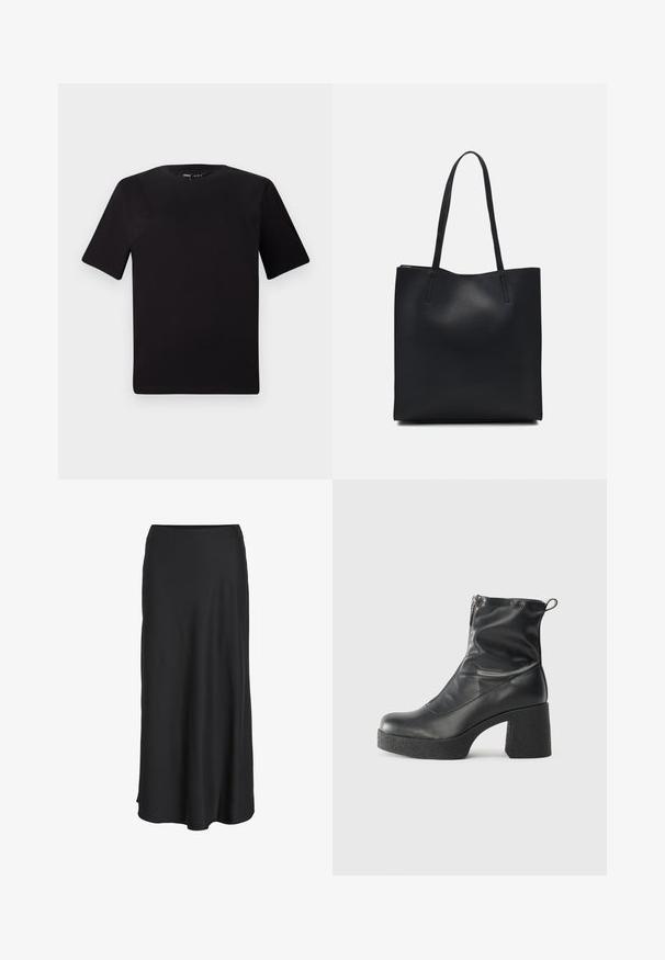 Svart kortärmad t-shirt med rund halsringning, tillverkad i mjukt bomullstyg. Enkelt mönster, utan synliga logotyper eller mönster.; Svart maxikjol i mjukt, lätt tyg. Har en enkel A-linjeformad silhuett med en lätt utsvängd fåll och inga synliga stängningar.; Svarta ankelstövlar i slitstark läder, med sidodragkedja, kraftig strukturerad klack och rundad tådesign.; Svart lädertoffelväska med slät textur, rektangulär form och två långa handtag. Ingen synlig hårdvara eller dekorationer.
