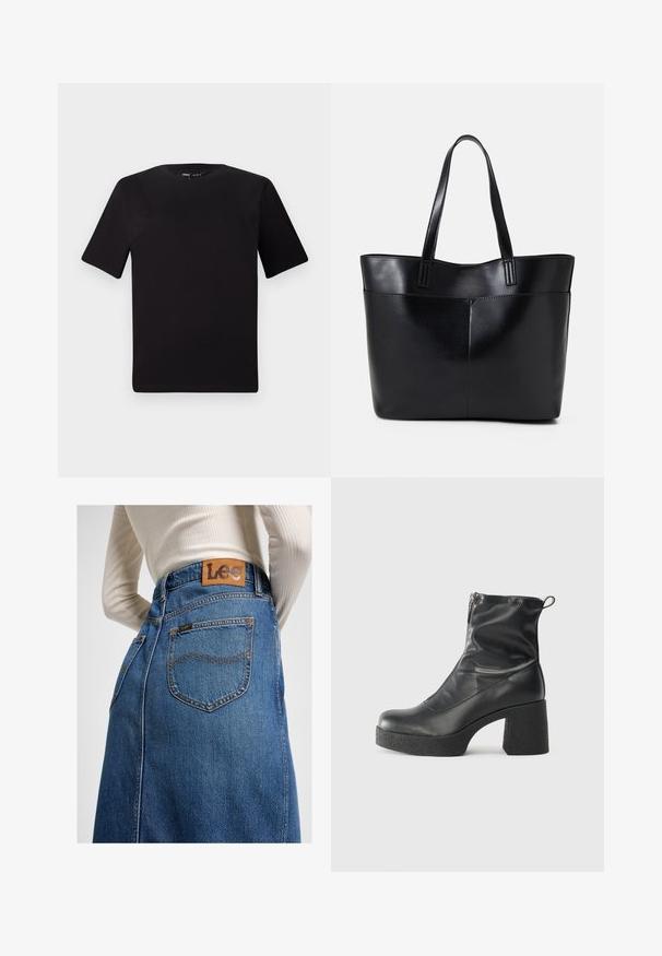 Fekete, rövid ujjú póló, kerek nyakkal, puha pamutból készült. Egyszerű dizájn, nincs látható logó vagy minta.; Magas derékú farmer szoknya, kék színben, hátul egy világosbarna bőr címkével. Jellemző varrásokkal és két hátsó zsebbel rendelkezik.; Fekete bokacsizmák sima bőrből, oldalsó cipzárral, vastag, texturált sarkú és lekerekített orrú dizájnnal.; Fekete bőr bevásárlótáska két hosszú fogantyúval, sima felülettel és strukturált formával. Elülső zseb található rajta a plusz tárolás érdekében.