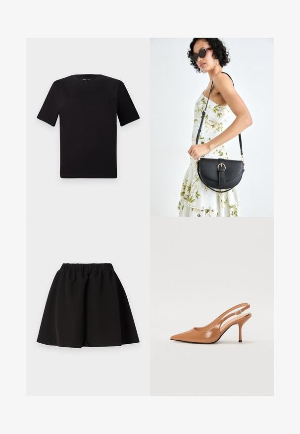 Črna majica s kratkimi rokavi in okroglim izrezom, izdelana iz mehkega bombažnega materiala. Preprost dizajn, brez vidnih logotipov ali vzorcev.; Črna razširjena krila iz mehkega, raztegljivega materiala z elastičnim pasom. Rob krila se nahaja nad sredino stegna, kar omogoča svobodno gibanje.; Slinčaste pete z ostro konico v gladkem, sijočem bež materialu. Imajo ukrivljen rez in vitko stiletto peto. Podrobnost s srebrno zaponko.; Črna usnjena torbica s ukrivljeno obliko, z odstranljivo naramnico in zlatimi dodatki. Torbica ima pokrov s podrobnostmi v obliki zaponke.