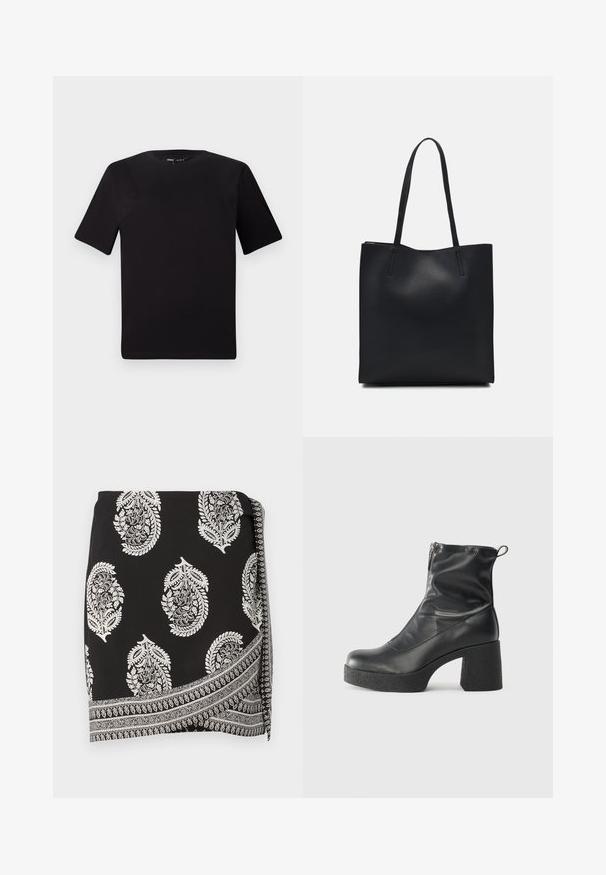 Melnas īsām piedurknēm T-krekls ar apaļu kakla izgriezumu, izgatavots no mīksta kokvilnas auduma. Vienkāršs dizains, bez redzamām logo vai rakstiem.; Melnā apakšsvārku, kurā ir baltas paisley raksts un detalizēts apmales dizains. Izgatavots no viegla auduma ar gludu tekstūru.; Melni potītes zābaki, kas izgatavoti no gludas ādas, ar sānu rāvējslēdzēju, masīvu strukturētu papēdi un noapaļotu purngalu.; Melnas ādas somiņa ar gludu tekstūru, taisnstūra formu un divām garām rokturiem. Nav redzamu aparatūras vai rotājumu.