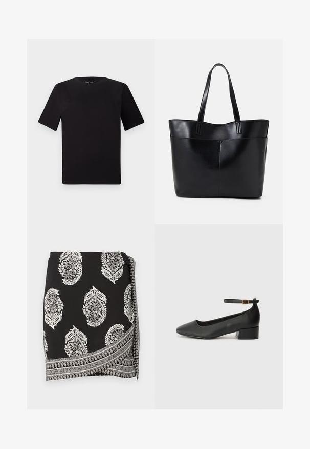 Melnas īsām piedurknēm T-krekls ar apaļu kakla izgriezumu, izgatavots no mīksta kokvilnas auduma. Vienkāršs dizains, bez redzamām logo vai rakstiem.; Melnā apakšsvārku, kurā ir baltas paisley raksts un detalizēts apmales dizains. Izgatavots no viegla auduma ar gludu tekstūru.; Melnas ādas sūkņi ar smailu purngalu un zemu bloku papēdi. Iezīmēts ar potītes siksniņu ar zelta krāsas sprādzi. Gluda tekstūra.; Melnas ādas iepirkumu soma ar divām garām rokturām, gludu tekstūru un strukturētu formu. Iekļauj priekšējo kabatu papildu uzglabāšanai.