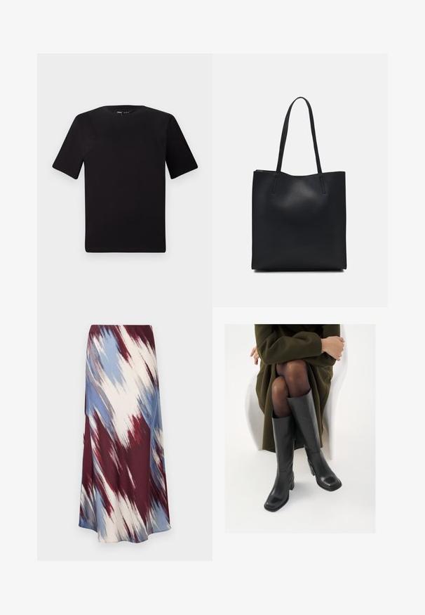 Schwarzes T-Shirt mit kurzen Ärmeln und Rundhalsausschnitt, aus weichem Baumwollmaterial gefertigt. Schlichtes Design, keine sichtbaren Logos oder Muster.; Maxirock aus weichem Stoff mit einem diagonalen Muster in Burgunderrot, Blau, Grau und Creme. Fließendes Design mit einem Saum, der bis zu den Knöcheln reicht.; Knöchelhöhe schwarze Lederstiefel mit quadrater Spitze und Blockabsatz, gezeigt mit einem Modell, das einen olivgrünen Mantel trägt. Glatte Textur, minimale Details.; Schwarze Laptoptasche aus Leder mit glatter Textur, rechteckiger Form und zwei langen Griffen. Keine sichtbaren Beschläge oder Verzierungen.