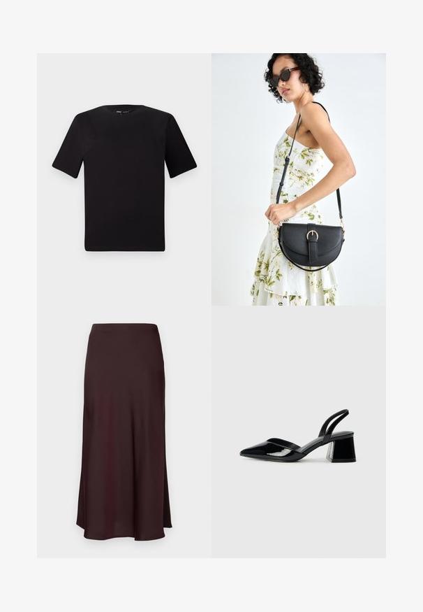 Fekete, rövid ujjú póló, kerek nyakkal, puha pamutból készült. Egyszerű dizájn, nincs látható logó vagy minta.; Burgundi selyem midi szoknya sima textúrával, egyenes szabással és enyhén bővülő szegéllyel. Nincsenek látható minták vagy fém részletek.; Fekete lakk bőr szandálkés magas sarkú cipő, hegyes orral és geometrikus tömbsarkakkal. Karcsú, minimalista dizájn és sima textúra jellemzi.; Fekete bőrtáska ívelt formával, levehető pánttal és arany színű fémrészekkel. A táskán egy csattal díszített fedél található.