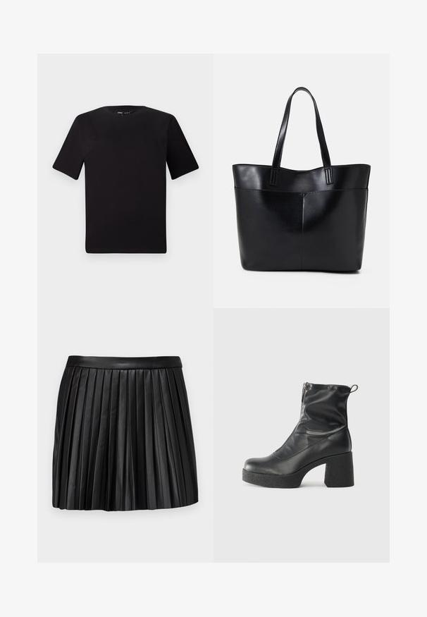 Tricou scurt negru cu mânecă scurtă și guler rotund, realizat dintr-un material de bumbac moale. Design simplu, fără logo-uri sau modele vizibile.; Fustă mini plisată din piele neagră, cu un tiv neted, având plisuri verticale și un design curat, structurat.; Bocanci negri de glezna din piele netedă, cu fermoar lateral, toc texturat și masiv, și design cu vârf rotund.; Geantă oversized din piele neagră, cu două mânere lungi, de textură netedă și formă structurată. Are un buzunar frontal pentru stocare suplimentară.