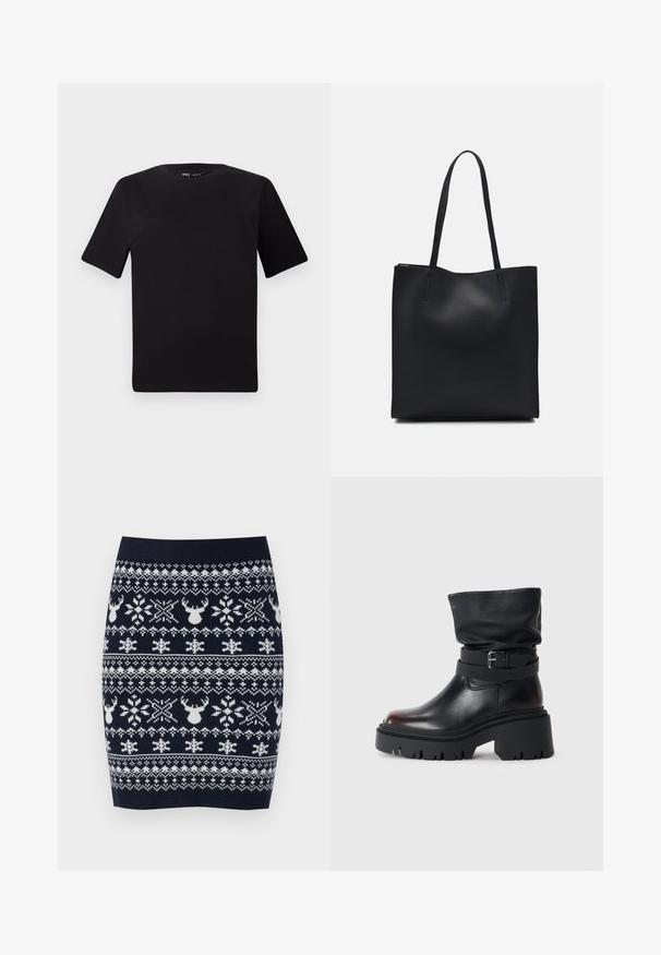 Juodas trumpas rankovės marškinėlis su apvaliu iškirpimu, pagamintas iš minkštos medvilnės medžiagos. Paprastas dizainas, be matomų logotipų ar raštų.; Šventinė trikotažinė pieštuko sijonas, turintis tamsiai mėlyną foną su baltais elniais, snaigėmis ir geometriniais raštais, sukurtas iš tekstūruotos medžiagos.; Juodas odinis kulkšninis botas su laisva viršūne, sagtimi ir storu, tvirtu padu. Yra apvalus pirštas ir lygus paviršius.; Juodas odinis tote krepšys su lygia tekstūra, stačiakampio formos ir dviem ilgais rankenomis. Matomų metalinių detalių ar puošybos nėra.