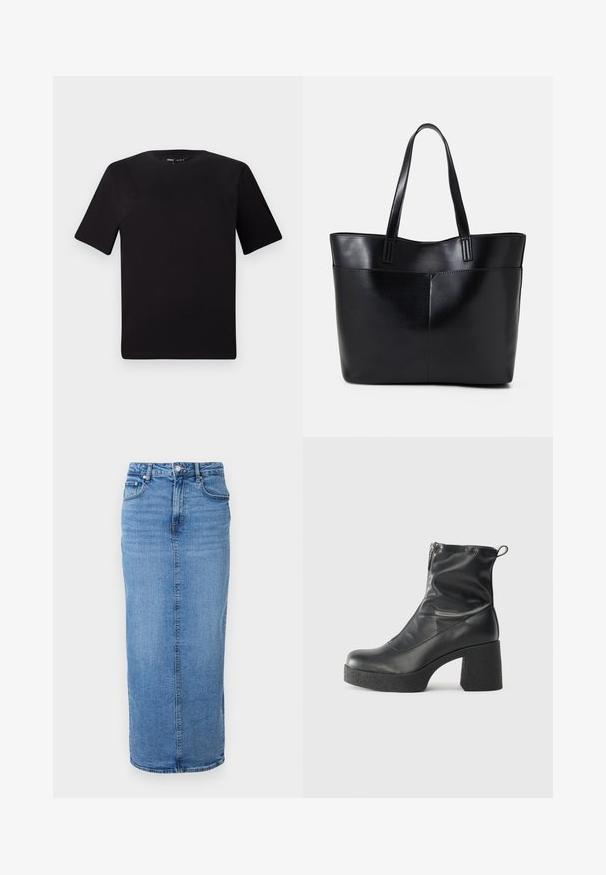 Must olema lühikeste varrukatega must t-särk ümmarguse kaelusega, valmistatud pehmest puuvillast kangast. Lihtne disain, ilma nähtavate logode või mustriteta.; Sirge siluetiga teksaseelik, keskmise sinise värviga, kõrge vöökohaga, lukuga ja nööbiga sulgemine ning minimaalne õmblusdetailide arv. Pikkus on keskmiselt säärte keskele.; Mustad mustad ansapüksid, mis on valmistatud siledast nahast, külje zipperiga, paksu tekstuuriga kontsaga ja ümmarguse nina disainiga.; Must mustaga musta nahast, millel on kaks pikka kanda, sile tekstuur ja struktureeritud kuju. Esipoolsel on lisakoti jaoks tasku.