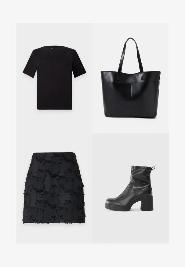 Tricou scurt negru cu mânecă scurtă și guler rotund, realizat dintr-un material de bumbac moale. Design simplu, fără logo-uri sau modele vizibile.; Fustă neagră cu broderie florală texturată, având margini desfăcute și un siluetă elegantă. Confectionată dintr-un material neted cu o formă bine definită.; Bocanci negri de glezna din piele netedă, cu fermoar lateral, toc texturat și masiv, și design cu vârf rotund.; Geantă oversized din piele neagră, cu două mânere lungi, de textură netedă și formă structurată. Are un buzunar frontal pentru stocare suplimentară.