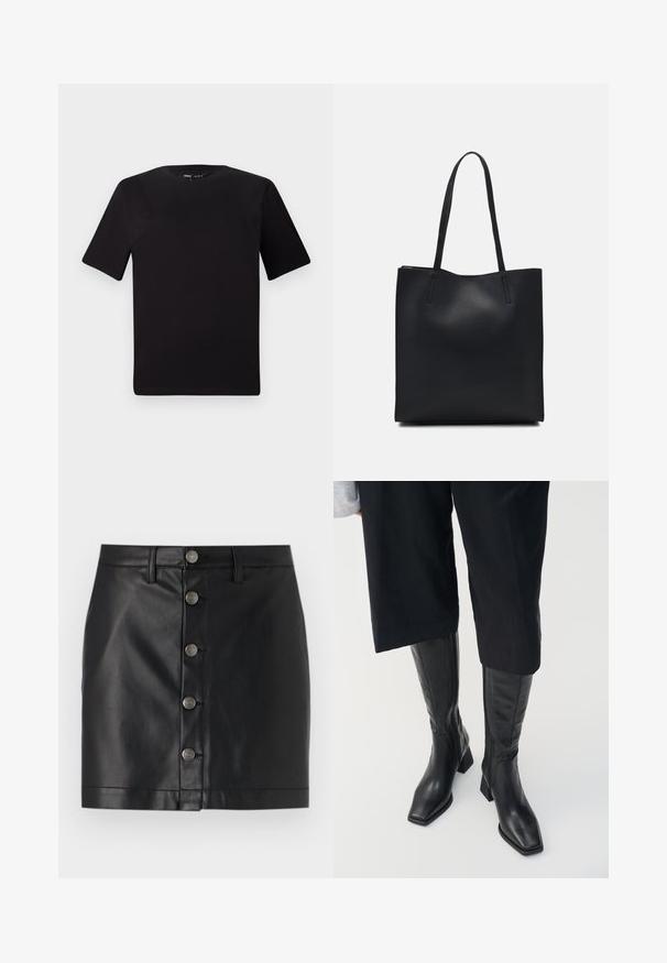 Svart t-skjorte med korte ermer og rund hals, laget av mykt bomullsstoff. Enkelt design, ingen synlige logoer eller mønstre.; Svart lærskjørt med en tettsittende design, med fem sølvfargede metallknapper foran og en rett kant. Glatt tekstur.; Svart skinn knelangt støvler med firkantet tå og blokkhelt. Har glidelås på siden og glatt tekstur.; Svart lær tote bag med glatt tekstur, rektangulær form og to lange håndtak. Ingen synlige deler eller dekorasjoner.