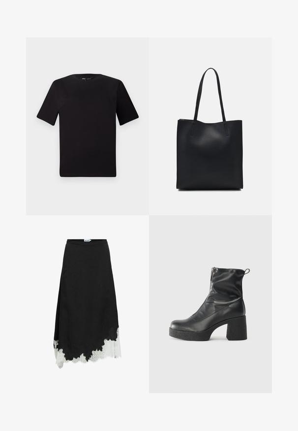 T-shirt nera a maniche corte con scollatura rotonda, realizzata in morbido cotone. Design semplice, senza loghi o motivi visibili.; Gonna nera midi con orlo asimmetrico e pizzo bianco che si estende al di sotto del bordo inferiore.; Stivali neri alla caviglia in pelle liscia, con zip laterale, tacco spesso e texture, e punta arrotondata.; Borsa tote in pelle nera con texture liscia, forma rettangolare e due manici lunghi. Nessun hardware o decorazione visibile.