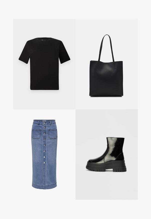 Musta lyhythihainen t-paita pyöreällä kaula-aukolla, valmistettu pehmeästä puuvillakankaasta. Yksinkertainen malli, ei näkyviä logoja tai kuvioita.; Denim-midi-hame, jossa on edessä nappikiinnitys, kaksi takataskua, vaaleansininen väri ja suora leikkaus, mukana sauma-ompelut yksityiskohdat.; Musta kiiltävä nilkkuri paksulla karkealla pohjalla ja pyöristetyllä kärjellä, sivukuva vaaleanharmaalla yksinkertaisella taustalla.; Mustapahkainen kangaskassi, jossa on sileä pinta, suorakaiteen muotoinen ja kaksi pitkää kahvaa. Ei näkyvää metalliosaa tai koristeita.