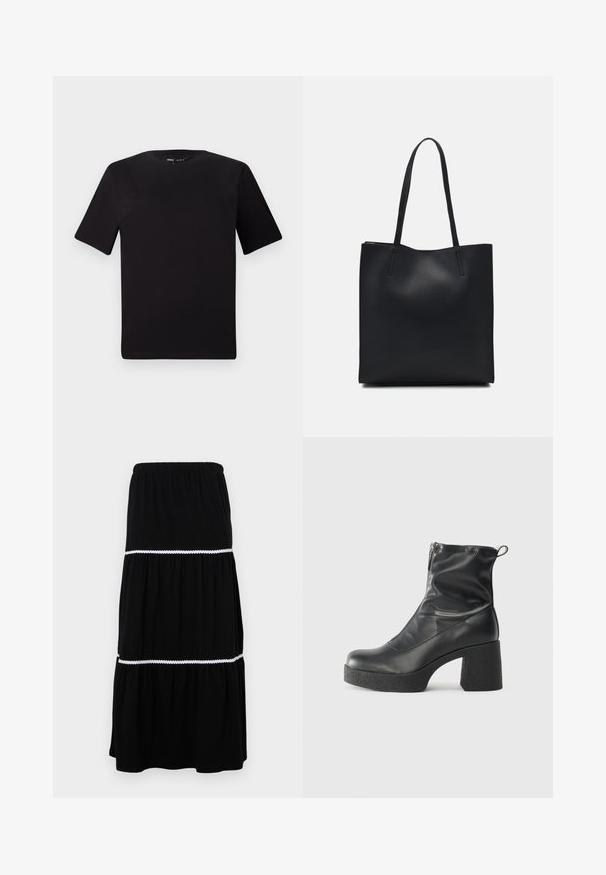 Black short-sleeve t-shirt with a round neckline, crafted from soft cotton fabric. Simple design, no visible logos or patterns.; Black tiered maxi skirt made of soft fabric; features elastic waistband and white scalloped trim between tiers for added detail.; Black ankle boots made of smooth leather, featuring a side zipper, chunky textured heel, and rounded toe design.; Black leather tote bag with smooth texture, rectangular shape, and two long handles. No visible hardware or embellishments.