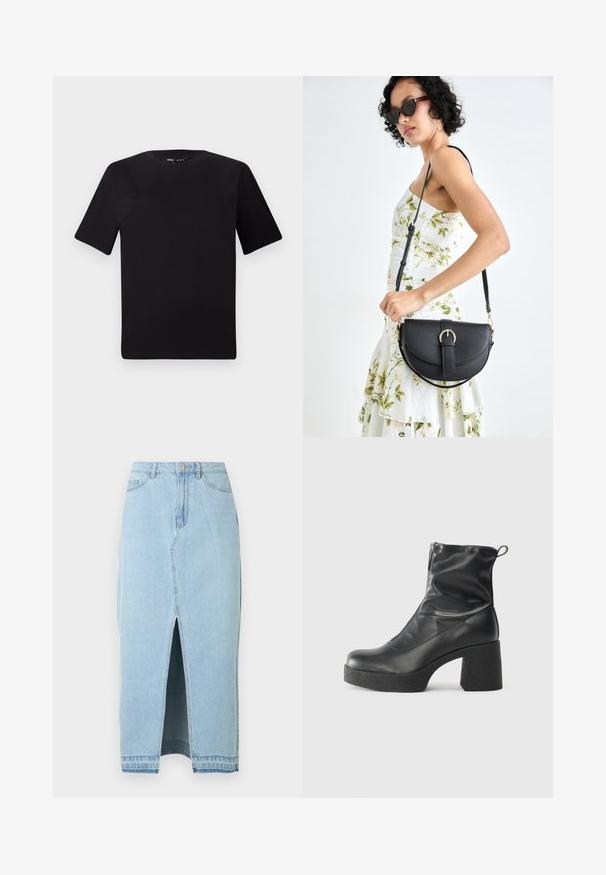 T-shirt noir à manches courtes avec un col rond, fabriqué en coton doux. Design simple, sans logos ni motifs visibles.; Jupe en jean bleu clair avec une fente à l'avant et une ceinture. Comprend le design traditionnel à cinq poches et une fermeture à bouton en métal.; Bottes noires à la cheville en cuir lisse, dotées d'une fermeture éclair sur le côté, d'un talon épais texturé et d'une conception à bout rond.; Sac à main en cuir noir avec une forme courbée, bandoulière amovible et des accessoires en or. Le sac est doté d'un rabat avec un détail de boucle.