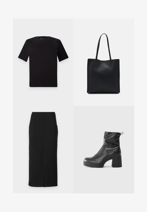 Schwarzes T-Shirt mit kurzen Ärmeln und Rundhalsausschnitt, aus weichem Baumwollmaterial gefertigt. Schlichtes Design, keine sichtbaren Logos oder Muster.; Schwarzer Midirock aus weichem, dehnbarem Stoff mit gerader Silhouette, ausgestattet mit Seitentaschen und einer Mittelnaht. ; Schwarze Stiefeletten aus glattem Leder mit seitlichem Reißverschluss, klobigem strukturiertem Absatz und runder Zehenform.; Schwarze Laptoptasche aus Leder mit glatter Textur, rechteckiger Form und zwei langen Griffen. Keine sichtbaren Beschläge oder Verzierungen.