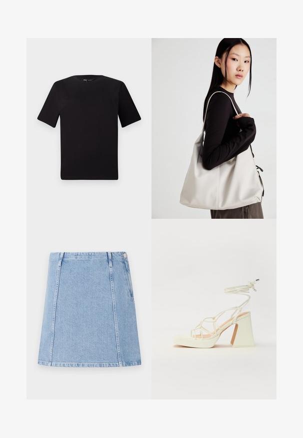 Crna majica kratkih rukava s okruglim izrezom, izrađena od mekane pamučne tkanine. Jednostavan dizajn, bez vidljivih logotipa ili uzoraka.; Svijetloplava traper suknja ravnog kroja, s vidljivim detaljima šivanja i bočnom džepom. Materijal je teksturiran s mekanim završetkom.; Bijela sandala na visokoj potpetici s debelim petom, s remenom i vezanjem oko gležnja. Glatka tekstura s platformom sprijeda za dodatnu visinu.; Bežna torba od mekog materijala s opuštenim dizajnom, šivanim detaljima i dva remena za rame. Pogodna za svakodnevnu upotrebu.