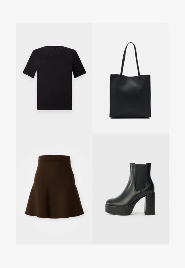 T-shirt preta de mangas curtas com decote redondo, feita de tecido de algodão suave. Design simples, sem logótipos ou padrões visíveis.; Saia castanha em corte evasê, feita de um tecido suave com uma textura lisa. Apresenta um cós ajustado e um design até ao joelho, sem padrões visíveis.; Bota de tornozelo em couro preto com um salto bloco robusto, painéis laterais elásticos e uma textura suave. Apresenta uma sola plataforma para aumentar a altura.; Bolsa tote preta em couro com textura lisa, forma retangular e duas alças longas. Sem hardware ou enfeites visíveis.