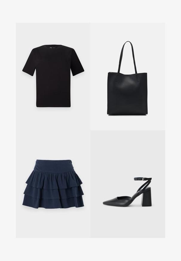 Svart t-skjorte med korte ermer og rund hals, laget av mykt bomullsstoff. Enkelt design, ingen synlige logoer eller mønstre.; Hollister Co. MAY RUFFLE - Shorts - dark blue; Svart lær pumps med spiss tå, ankelrem og kraftig hæl. Flat tekstur, strømlinjeformet design og minimalisme.; Svart lær tote bag med glatt tekstur, rektangulær form og to lange håndtak. Ingen synlige deler eller dekorasjoner.