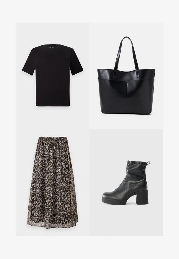 Black short-sleeve t-shirt with a round neckline, crafted from soft cotton fabric. Simple design, no visible logos or patterns.; Black midi skirt made from lightweight fabric, featuring a floral pattern in tan and cream. Elastic waistband for adjustable fit.; Black ankle boots made of smooth leather, featuring a side zipper, chunky textured heel, and rounded toe design.; Black leather tote bag with two long handles, a smooth texture, and a structured shape. Features a front pocket for additional storage.