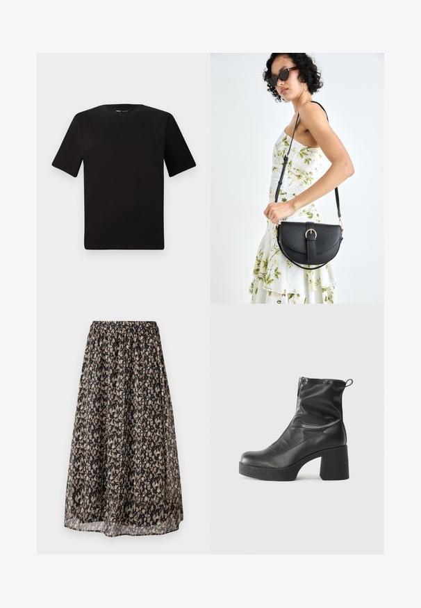 T-shirt noir à manches courtes avec un col rond, fabriqué en coton doux. Design simple, sans logos ni motifs visibles.; Jupe midi noire en tissu léger, ornée d'un motif floral dans des tons beige et crème. Taille élastique pour un ajustement réglable.; Bottes noires à la cheville en cuir lisse, dotées d'une fermeture éclair sur le côté, d'un talon épais texturé et d'une conception à bout rond.; Sac à main en cuir noir avec une forme courbée, bandoulière amovible et des accessoires en or. Le sac est doté d'un rabat avec un détail de boucle.