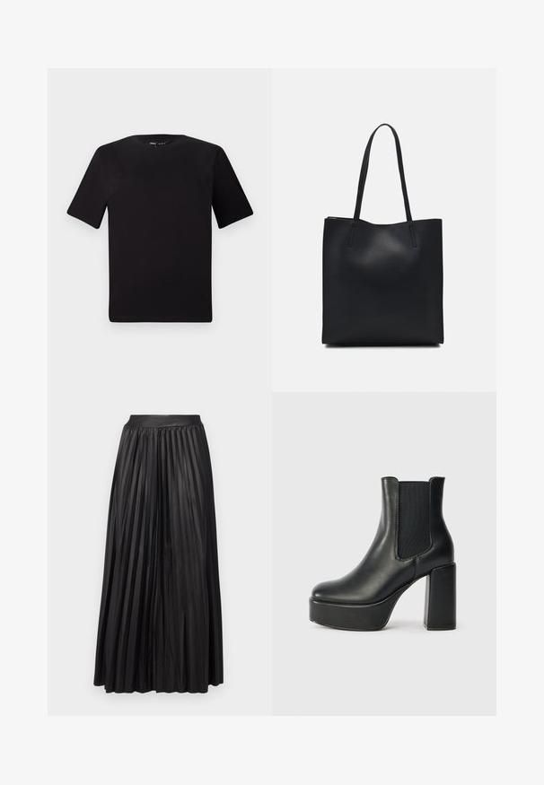 Tricou scurt negru cu mânecă scurtă și guler rotund, realizat dintr-un material de bumbac moale. Design simplu, fără logo-uri sau modele vizibile.; Fustă maxi plisată neagră, realizată dintr-un material texturat, având un talie lată și un design fluid, care creează linii verticale stratificate.; Cizmă de gleznă din piele neagră, cu toc gros, panouri laterale elastice și o textură netedă. Are un talpă cu platformă pentru un plus de înălțime.; Geantă tote neagră din piele, cu textură netedă, formă rectangulară și două mânere lungi. Fără hardware vizibil sau ornamente.