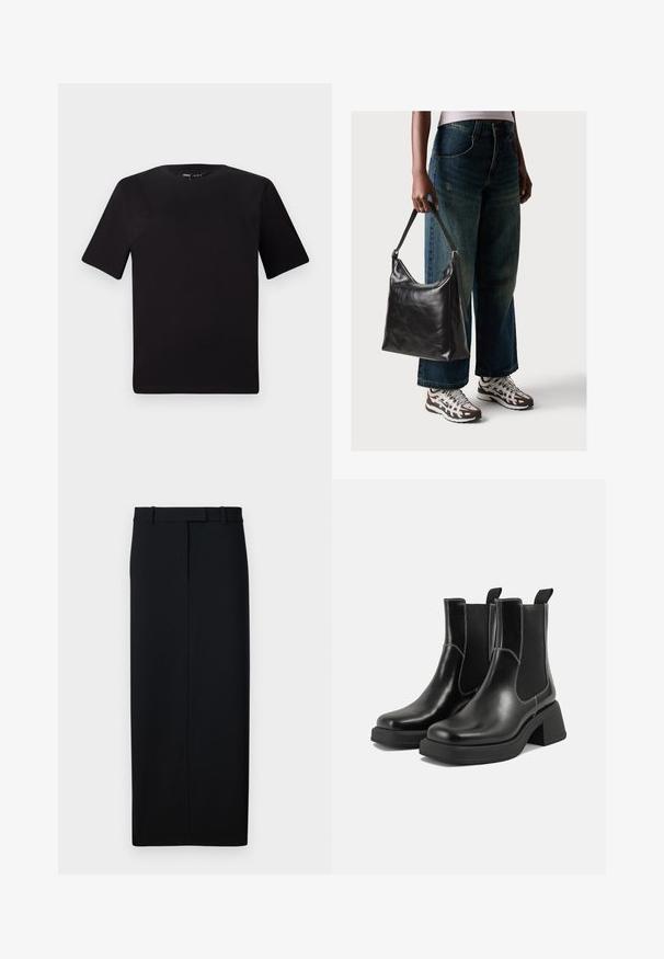 Tricou scurt negru cu mânecă scurtă și guler rotund, realizat dintr-un material de bumbac moale. Design simplu, fără logo-uri sau modele vizibile.; Fustă neagră, cu tăietură dreaptă, realizată dintr-un material neted. Prezintă un brâu cu bucle pentru curea și o margine finisată curat. Design minimalist.; Botine Chelsea din piele neagră, cu toc masiv, panouri laterale elastice și cusături albe contrastante. Finisaj texturat.; Geantă de umăr din piele neagră, cu o textură netedă și curea ajustabilă, asortată cu blugi evazați și adidași.