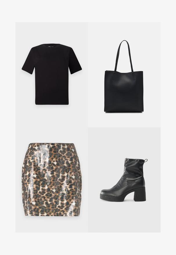 Crna majica kratkih rukava s okruglim izrezom, izrađena od mekane pamučne tkanine. Jednostavan dizajn, bez vidljivih logotipa ili uzoraka.; Mini suknja s uzorkom leoparda koja se ističe sjajnim materijalom, prilagođenim krojem, smeškim i crnim tonovima, te ravnim rubom.; Crne gležnjače od glatke kože, s bočnim zatvaračem, debelim teksturiranim potplatom i dizajnom s zaobljenim prstima.; Crna kožna torba za nošenje s glatkom teksturom, pravokutnim oblikom i dvije duge ručke. Nema vidljivih metalnih dijelova ili ukrasa.