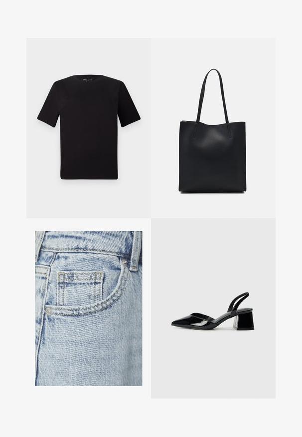 Črna majica s kratkimi rokavi in okroglim izrezom, izdelana iz mehkega bombažnega materiala. Preprost dizajn, brez vidnih logotipov ali vzorcev.; Svjetloplave traperice s malim stražnjim džepom vidljivim šavovima i metalnom zakovicom, s suptilnom izblijedjelom teksturom.; Črne lakirane slingback pete s koničastim nosom in geometrijsko blokasto peto. Imajo eleganten, minimalističen dizajn in gladko teksturo.; Črna usnjena torba s svilnato teksturo, pravokotne oblike in dvema dolgima ročajema. Brez vidnih metalnih delov ali okrasnih elementov.