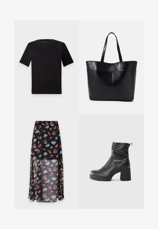 Čierne tričko s krátkym rukávom a okrúhlym výstrihom, vyrobené z mäkkej bavlny. Jednoduchý dizajn, bez viditeľných log alebo vzorov.; Čierna, priehľadná maxi sukňa s elastickým pásom, na ktorej sa nachádza multikolórová potlač s mušľami a motýlmi. Ľahký, vzdušný materiál.; Čierne členkové topánky z hladkej kože, so bočným zipsom, robustnou textúrovanou pätnou časťou a zaobleným dizajnom špičky.; Čierna kožená tote taška s dvoma dlhými rúčkami, hladkým povrchom a štruktúrovaným tvarom. Obsahuje prednú kapsu pre dodatočné uskladnenie.