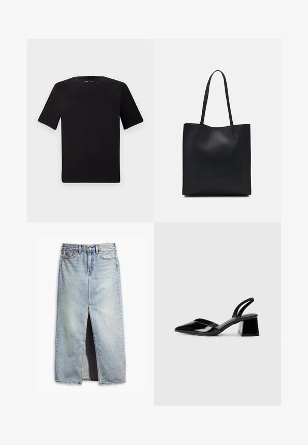 T-shirt nera a maniche corte con scollatura rotonda, realizzata in morbido cotone. Design semplice, senza loghi o motivi visibili.; Sottogonna in denim blu chiaro con spacco frontale, design a cinque tasche e chiusura con bottoni. Presenta un tessuto scolorito e dettagli con orlo grezzo.; Décolleté in vernice nera con punta affusolata e tacco in geometria cubica. Presentano un design elegante e minimalista, con una texture liscia.; Borsa tote in pelle nera con texture liscia, forma rettangolare e due manici lunghi. Nessun hardware o decorazione visibile.