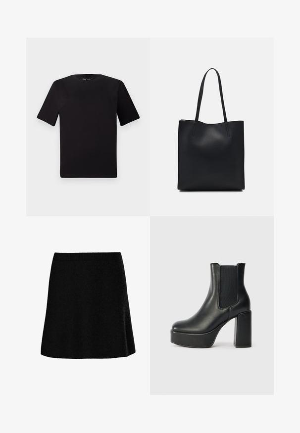 Musta lyhythihainen t-paita pyöreällä kaula-aukolla, valmistettu pehmeästä puuvillakankaasta. Yksinkertainen malli, ei näkyviä logoja tai kuvioita.; Musta A-linjainen hame, jossa on teksturoitu, pehmeä kangas. Siinä on istuva vyötärönauha ja liehuva siluetti, joka tarjoaa sujuvan, rennon ilmeen.; Musta nahkainen nilkkuri paksulla lohkokorkealla, joustavilla sivupaneeleilla ja sileällä pinnalla. Varustettu pohjalla, joka lisää korkeutta.; Mustapahkainen kangaskassi, jossa on sileä pinta, suorakaiteen muotoinen ja kaksi pitkää kahvaa. Ei näkyvää metalliosaa tai koristeita.