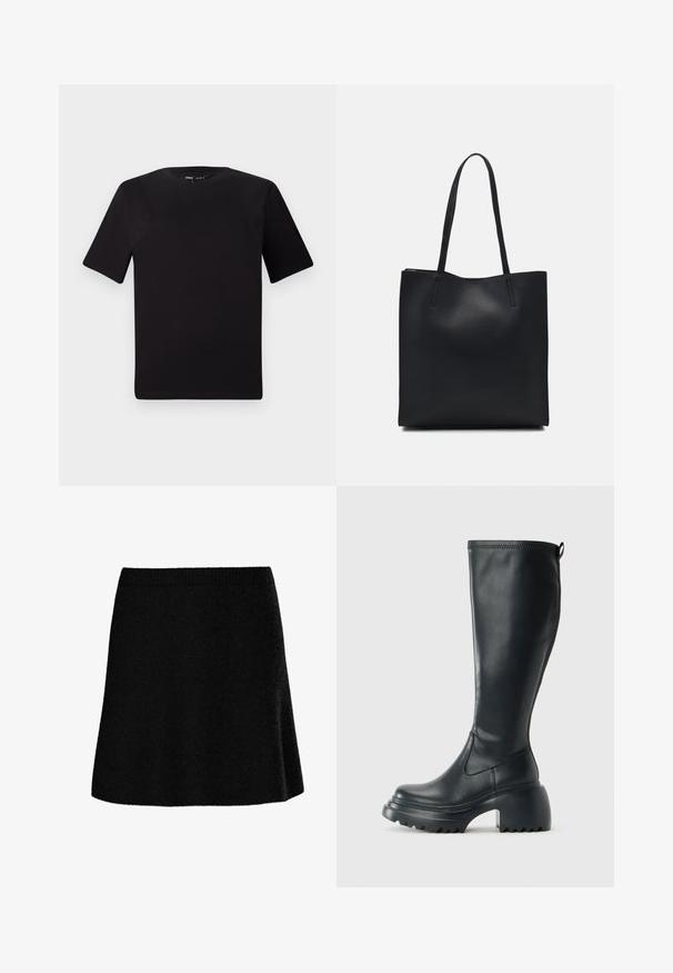 Fekete, rövid ujjú póló, kerek nyakkal, puha pamutból készült. Egyszerű dizájn, nincs látható logó vagy minta.; Fekete A-vonalú szoknya texturált, puha anyagból. Testre szabott derékpánttal és bővülő sziluettel rendelkezik, ami sima, lezser megjelenést biztosít.; Magas fekete bőrcipő, vastag platform talppal és blokk sarokkal, húzófüllel és texturált profillal az outsole-on.; Fekete bőrtáska sima felszínnel, téglalap alakú, két hosszú füllel. Nincs látható fémkiegészítő vagy díszítés.