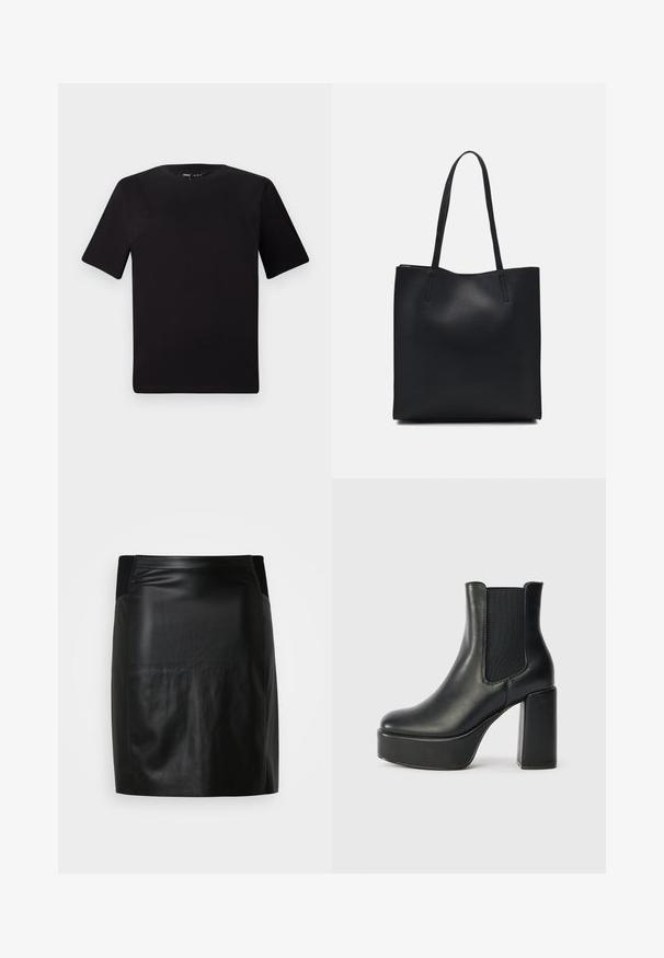 Zwarte T-shirt met korte mouwen en een ronde hals, gemaakt van zachte katoenstof. Eenvoudig ontwerp, geen zichtbare logo's of patronen.; Zwarte leren minirok met een gladde textuur, voorzien van een getailleerd ontwerp en een elastische tailleband, wat zorgt voor een strakke en moderne uitstraling.; Zwarte leren enkelboot met een chunky blokhak, elastische zijpanelen en een zachte textuur. Bevat een platformzool voor extra hoogte.; Zwarte leren handtas met een gladde textuur, rechthoekige vorm en twee lange handvaten. Geen zichtbare hardware of versieringen.