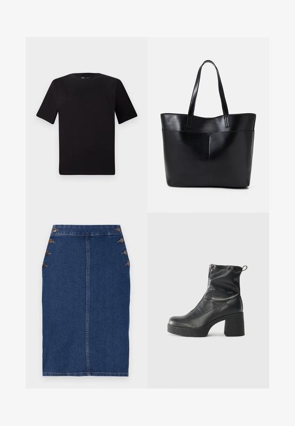 T-shirt preta de mangas curtas com decote redondo, feita de tecido de algodão suave. Design simples, sem logótipos ou padrões visíveis.; Saia lápis de denim em azul escuro com corte reto, cinco botões decorativos no lado esquerdo e costura visível ao longo das costuras.; Botas de tornozelo pretas feitas de couro liso, com fecho lateral, salto grosso texturizado e design de bico arredondado.; Bolsa tote preta em couro com duas alças longas, textura suave e forma estruturada. Apresenta um bolso frontal para armazenamento adicional.