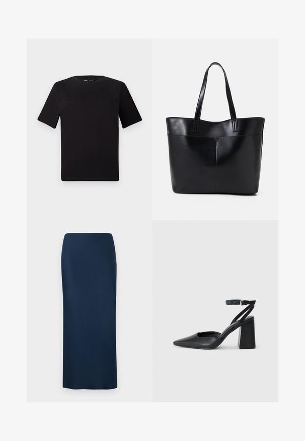 Schwarzes T-Shirt mit kurzen Ärmeln und Rundhalsausschnitt, aus weichem Baumwollmaterial gefertigt. Schlichtes Design, keine sichtbaren Logos oder Muster.; Marineblauer, enganliegender Rock in Bodenlänge, aus glattem Stoff in einfarbiger Ausführung. Er zeichnet sich durch eine klare Silhouette und einen elastischen Bund aus.; Schwarze Leder-Pumps mit spitzer Zehe, einem Knöchelriemen und einem blockigen Absatz. Flache Textur, elegantes Design und minimalistische Ästhetik.; Schwarze Leder-Shopper-Tasche mit zwei langen Griffen, einer glatten Textur und einer strukturierten Form. Verfügt über eine Vordertasche für zusätzlichen Stauraum.