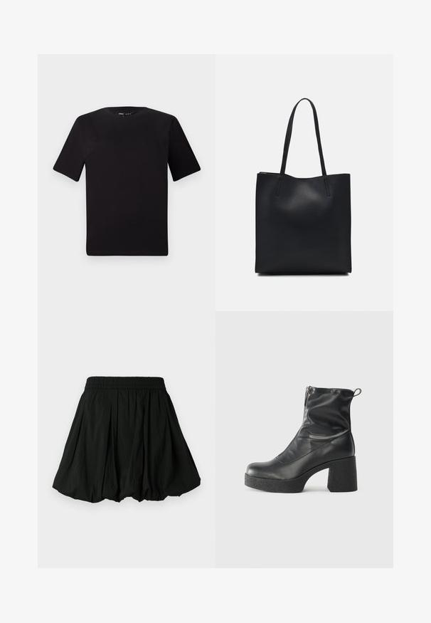 T-shirt noir à manches courtes avec un col rond, fabriqué en coton doux. Design simple, sans logos ni motifs visibles.; Jupe noire avec une taille élastique, présentant un design plissé. Le matériau semble léger avec une texture lisse.; Bottes noires à la cheville en cuir lisse, dotées d'une fermeture éclair sur le côté, d'un talon épais texturé et d'une conception à bout rond.; Sac fourre-tout en cuir noir avec une texture lisse, de forme rectangulaire et deux longues poignées. Pas de matériel ou d'ornementations visibles.