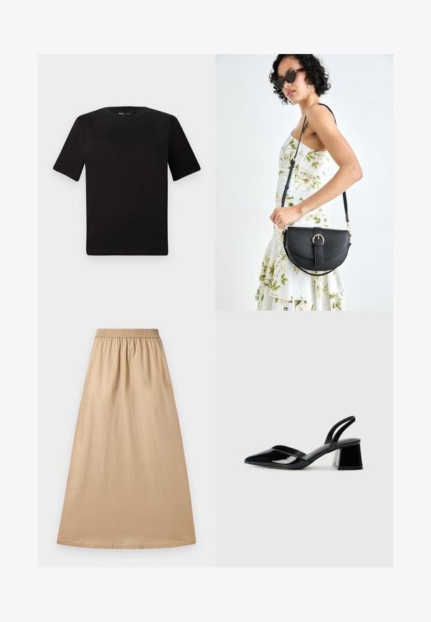 Camiseta negra de manga corta con cuello redondo, fabricada en suave algodón. Diseño simple, sin logos ni patrones visibles.; Falda maxi beige hecha de una tela ligera, con una cintura elástica y una textura suave, con un diseño recto y fluido.; Zapatos de tacón slingback de charol negro con punta afilada y tacón geométrico en bloque. Presentan un diseño elegante y minimalista, así como una textura suave.; Bolso de piel negra con forma curva, correa desmontable y herrajes dorados. El bolso cuenta con una solapa con un detalle de hebilla.