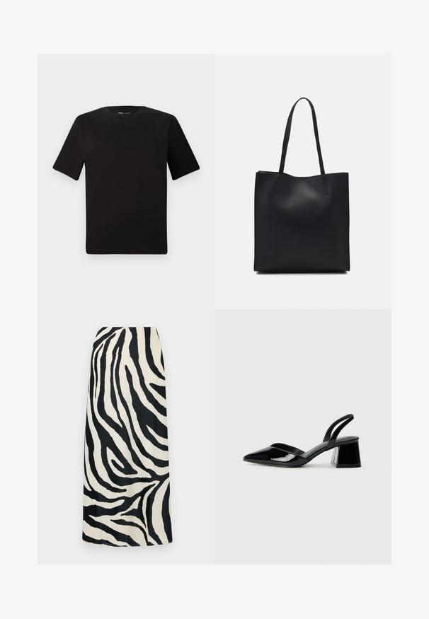 Fekete, rövid ujjú póló, kerek nyakkal, puha pamutból készült. Egyszerű dizájn, nincs látható logó vagy minta.; Fekete-fehér zebra csíkos maxi szoknya sima textúrával, magas derékkal és egyenes siluettal.; Fekete lakk bőr szandálkés magas sarkú cipő, hegyes orral és geometrikus tömbsarkakkal. Karcsú, minimalista dizájn és sima textúra jellemzi.; Fekete bőrtáska sima felszínnel, téglalap alakú, két hosszú füllel. Nincs látható fémkiegészítő vagy díszítés.