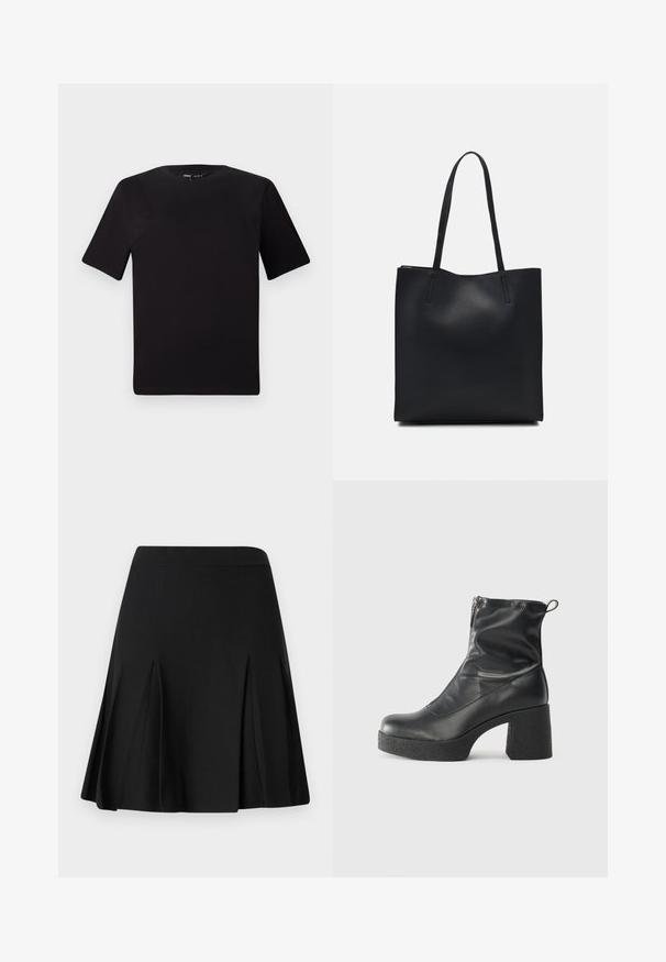 Svart t-skjorte med korte ermer og rund hals, laget av mykt bomullsstoff. Enkelt design, ingen synlige logoer eller mønstre.; ONLY ONLLINE SKATER SKIRT - A-line skjørt - black; Svarte ankelstøvler laget av glatt lær, med glidelås på siden, chunky strukturert hæl, og rund tå-design.; Svart lær tote bag med glatt tekstur, rektangulær form og to lange håndtak. Ingen synlige deler eller dekorasjoner.