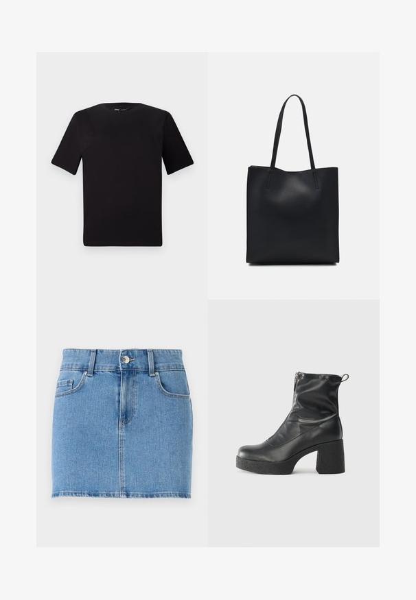 Juodas trumpas rankovės marškinėlis su apvaliu iškirpimu, pagamintas iš minkštos medvilnės medžiagos. Paprastas dizainas, be matomų logotipų ar raštų.; Šviesiai mėlyna džinsinė mini sijonas. Savybės: prigludusi forma, penkių kišenių stilius, mygtukų užtrauktukas ir tiesūs kraštai su nežymiu ištrynimu.; Juodos kulkšninių botai, pagaminti iš lygaus odos, su šoniniu užtrauktuku, masyviu tekstūruotu kulnu ir apvaliu pirštu.; Juodas odinis tote krepšys su lygia tekstūra, stačiakampio formos ir dviem ilgais rankenomis. Matomų metalinių detalių ar puošybos nėra.