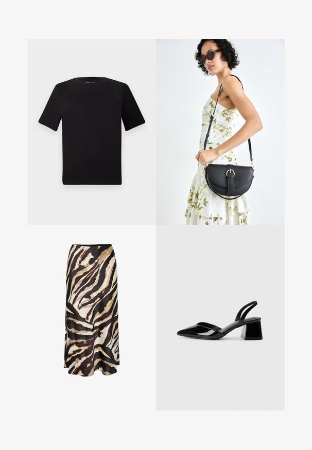 Črna majica s kratkimi rokavi in okroglim izrezom, izdelana iz mehkega bombažnega materiala. Preprost dizajn, brez vidnih logotipov ali vzorcev.; Dolga krila iz lahkega materiala z drznim, abstraktnim živalskim vzorcem v rjavih, črnih in kremnih odtenkih, ki ima gladko teksturo in doseže do gležnjev.; Črne lakirane slingback pete s koničastim nosom in geometrijsko blokasto peto. Imajo eleganten, minimalističen dizajn in gladko teksturo.; Črna usnjena torbica s ukrivljeno obliko, z odstranljivo naramnico in zlatimi dodatki. Torbica ima pokrov s podrobnostmi v obliki zaponke.